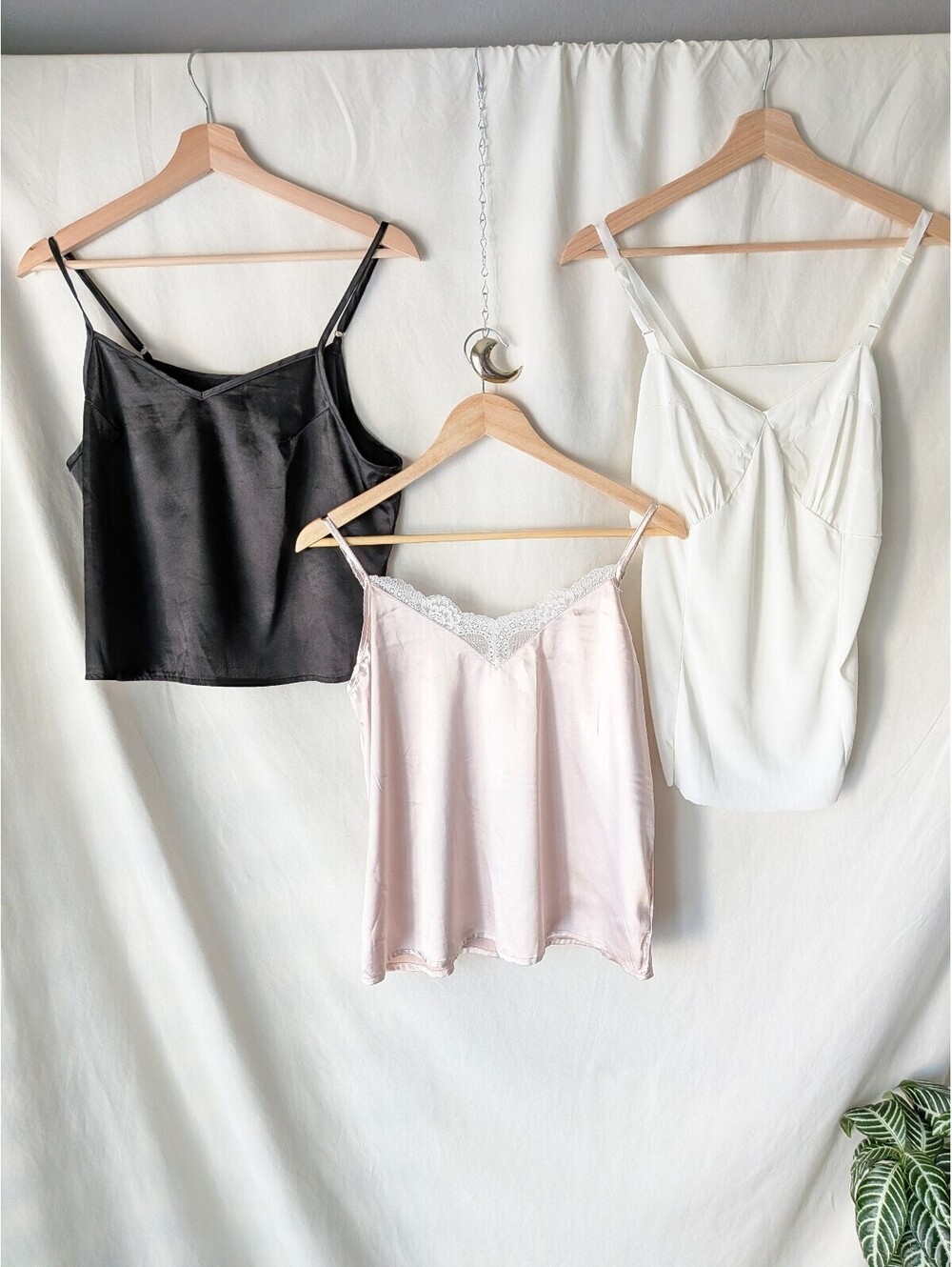 Set of 3 Women's Satin and Lace Camisoles in Black, Pink, and White
